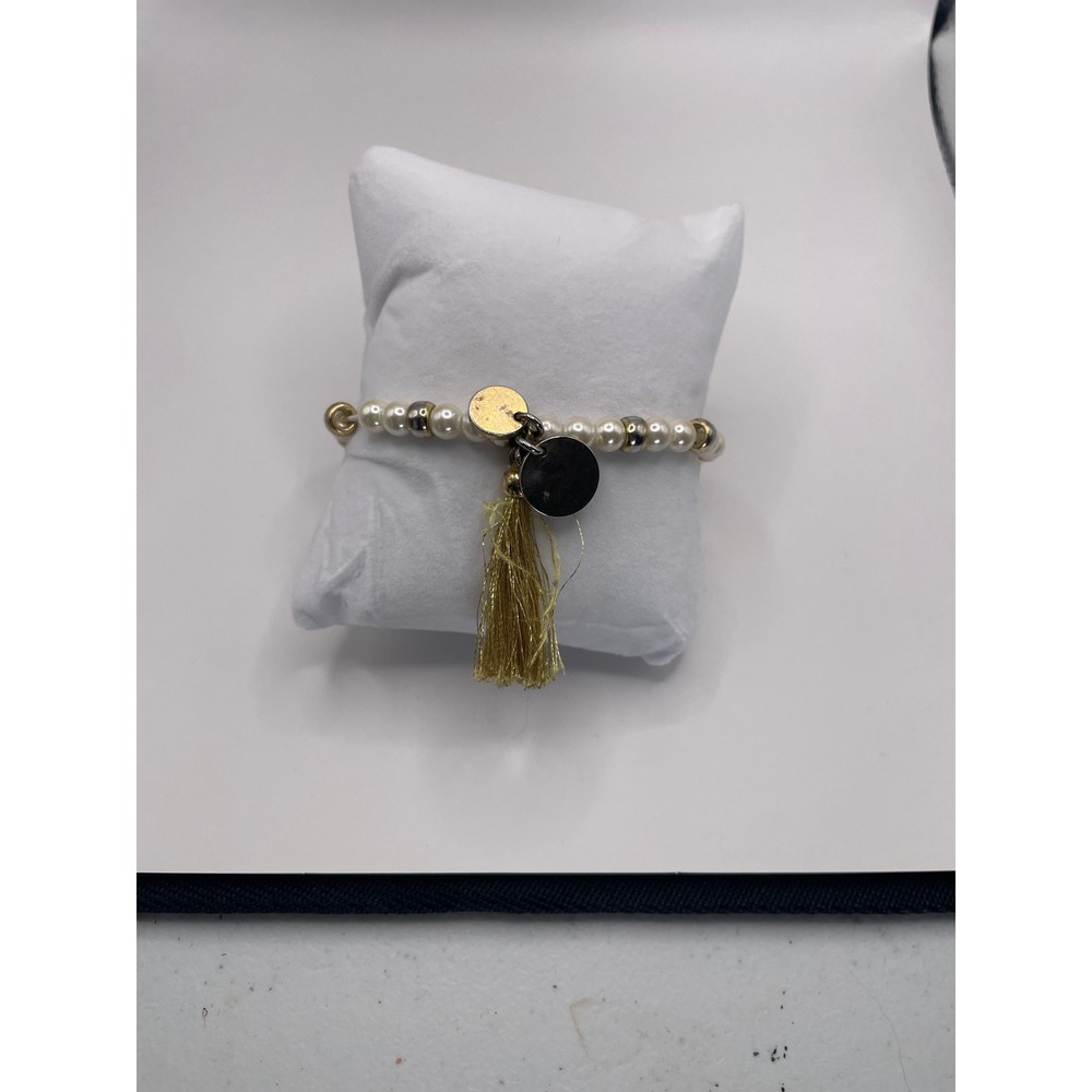 J.Crew Beaded Bracelet Womens OS Cream Gold Tassel Pearl Charm Boho Stackable